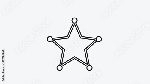 Minimalist black and white line art drawing of a symmetrical five pointed star with small circular details at each vertex.