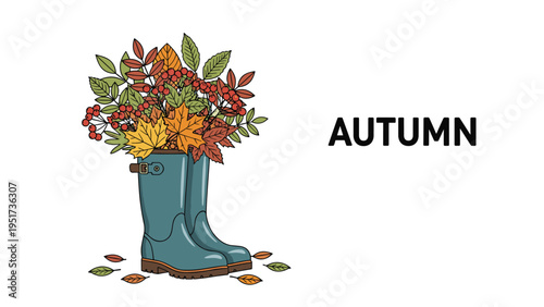 pair of blue rubber rain boots filled with a large bouquet of autumn leaves and red rowan berries with some scattered foliage on the ground.