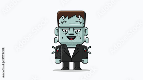 Cartoon illustration of a Frankenstein monster character standing on a grey background, perfect for Halloween or horror themes.