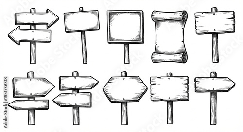 Set of various vintage hand-drawn wooden signposts and signboards in different shapes and forms