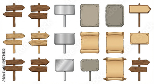 Collection of wooden and metal signs and ancient scrolls in various styles, perfect for game design and digital art