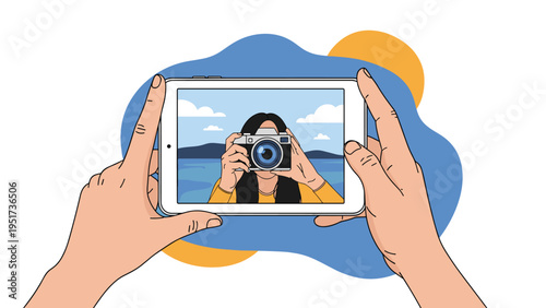 Close up of hands holding a digital tablet that shows a young woman taking a photograph with a professional camera in a circle.