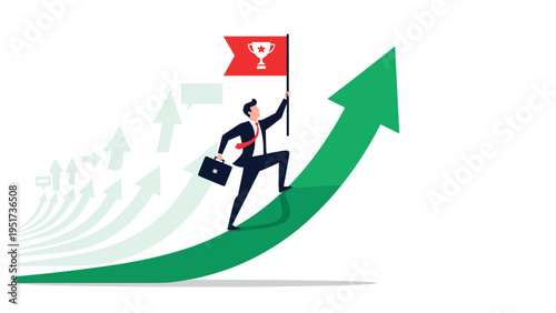 Businessman climbing a large green rising arrow while holding a red flag with a trophy, symbolizing the determined path to success.