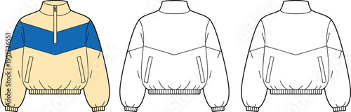 Color block half zip jacket technical fashion illustration front and back views, sporty outerwear design with pockets, casual apparel template isolated on white