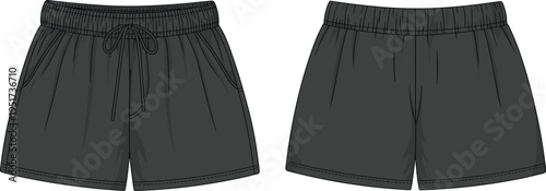 Women casual shorts technical fashion illustration front and back views, elastic waistband drawstring design, relaxed fit apparel template, minimalist clothing mockup isolated on white