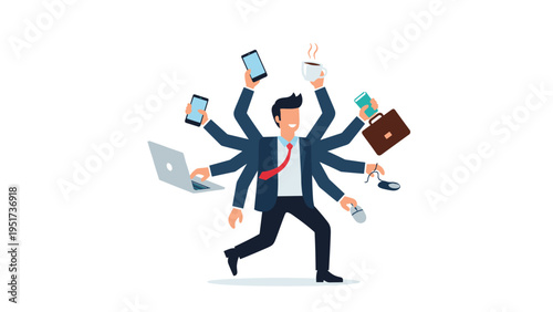 Multi-armed businessman handles multiple tasks simultaneously including using a laptop and drinking coffee to show productivity.