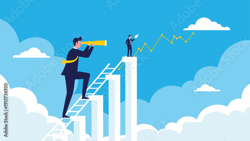 Professional businessman stands on a bar graph using a telescope to look at future financial trends and growth opportunities.