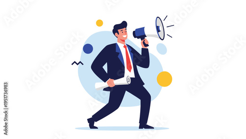 Energetic businessman running with a megaphone and rolled blueprints to deliver news or promote a new project.