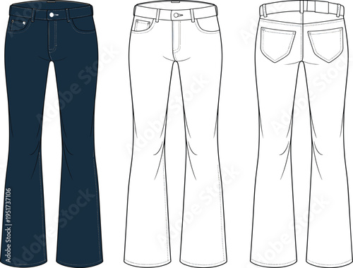 Women flared jeans technical fashion illustration front and back views, classic denim pants design, high waist silhouette, casual apparel template, minimalist clothing mockup