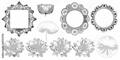 Assorted ornate frames and floral designs in grayscale illustration
