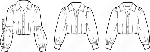 Women button up blouse technical fashion illustration multiple views front, puff sleeve cropped shirt design, elegant apparel template, minimalist clothing mockup isolated on white