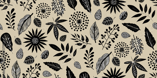Black floral and leaf pattern on a beige background seamless design