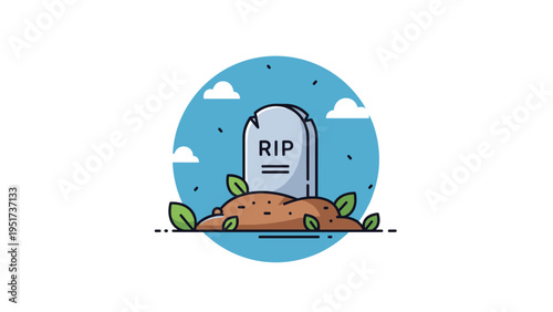 Simple illustration of a stone tombstone with rip text in a graveyard with small plants under a blue sky and clouds.