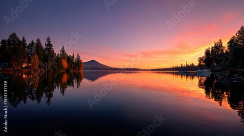 Spectacular Lake Sunrise Reflecting Mountain Silhouette and Forest Trees in Calm Water, Nature's Tranquil Scene