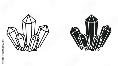 Crystal Cluster Icons: Line Art and Silhouette of Gemstones