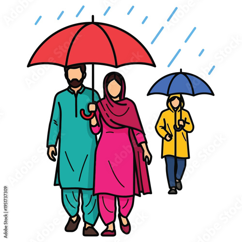 pakistani man and woman with red umbrella walking during rain, child in yellow raincoat and blue umbrella walking behind