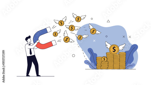 Successful businessman uses a large horseshoe magnet to attract flying gold coins toward his growing stacks of wealth.