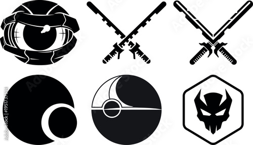 Collection of futuristic and scifi icons with weapons and symbols isolated design