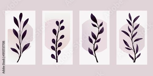 Four botanical prints featuring dark purple leaves on a light background