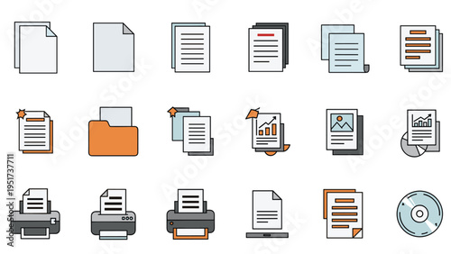 Comprehensive set of office document icons including folders, printers, charts, and digital storage for professional use.