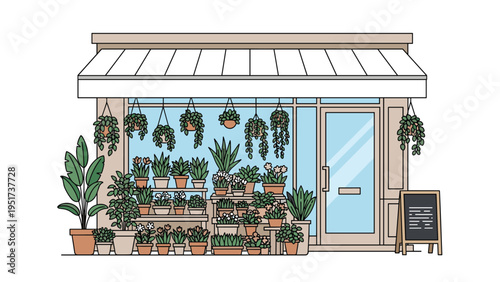 Detailed vector illustration of a charming flower shop storefront filled with various potted plants and hanging greenery on a white background.