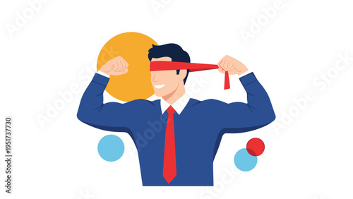 Confident businessman wearing a red blindfold and flexing his muscles to show inner strength and determination.