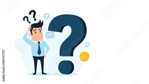Confused businessman scratching his head while looking at a giant question mark symbol representing problem solving.
