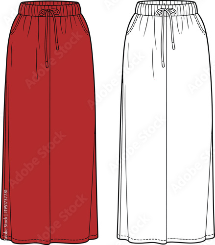 Women maxi skirt technical fashion illustration front views, elastic waistband drawstring design, long flowy silhouette, casual apparel template, minimalist clothing mockup isolated