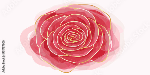 A vibrant abstract watercolor rose with delicate gold line detailing