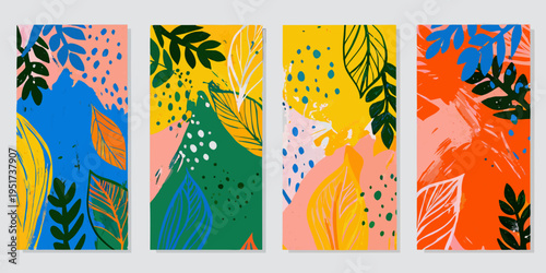 Abstract botanical patterns in vibrant colors arranged in vertical panels
