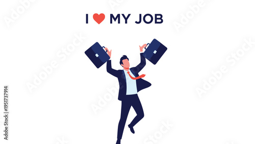 Happy businessman jumping high in the air while holding two briefcases under an i love my job text message.