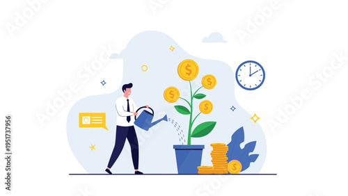 Diligent businessman waters a growing plant with gold coins as leaves to represent long term investment and wealth growth.