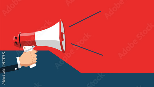Hand in a business suit holding a large red and white megaphone against a background of blue and red colors.