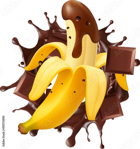 3D vector illustration of a peeled yellow banana with its top partially dipped in rich glossy dark melted chocolate dynamic liquid chocolate splash in  background