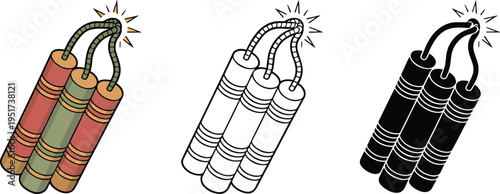 Bomb Dynamite silhouette & Outline and illustration set isolated on transparent background