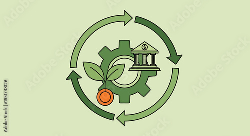 Green economy and finance concept with gear leaf coin and bank building in circular arrows