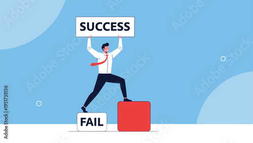 Ambitious businessman stepping from a small fail block to a large success block while holding a banner upward.