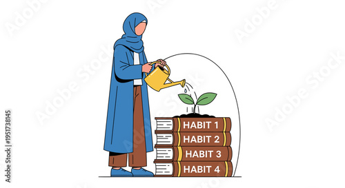 Woman in blue hijab and coat watering plant on stack of books about habits
