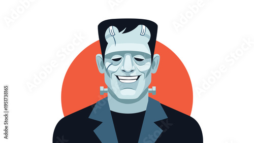 Friendly illustration of frankenstein monster with a green face and bolts on neck smiling against an orange circle.