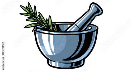 Mortar and pestle with green herb rosemary for cooking and herbal medicine making