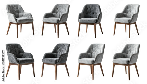 Eight plush gray armchairs with wooden frames, arranged in two rows, against a black backdrop