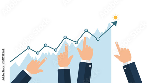 Multiple business hands point toward a blue line graph showing consistent upward growth and successful market trends.