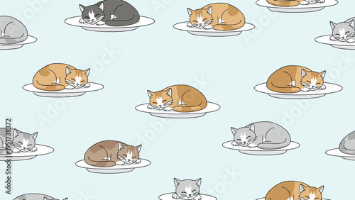 Playful seamless pattern featuring various sleeping cats curled up on white plates against a soft blue background for pet lovers and kids.