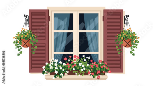 Rustic window with open brown shutters decorated with beautiful hanging baskets and flower boxes filled with colorful blossoming plants.