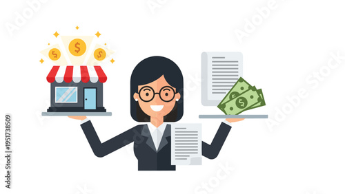 Professional woman in glasses balances a retail shop and money stacks on her hands to show successful business management.
