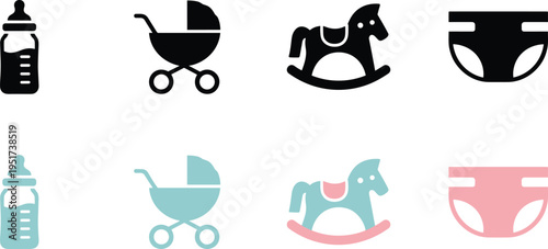 Collection of baby care solid icons featuring feeding bottle stroller rocking horse and diaper in black and pastel colors for nursery design.