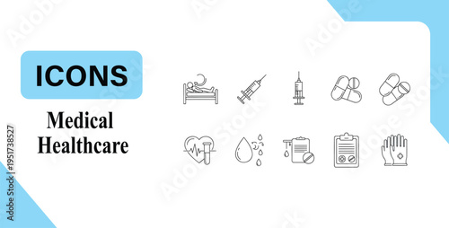 Medical healthcare outline icon set with syringe medicine pills heart monitoring blood test hospital tools