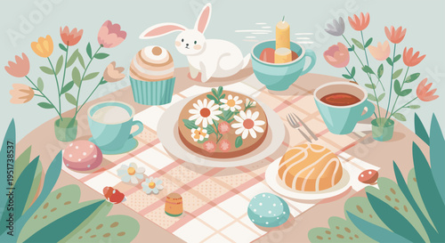 Easter Tea Party Celebration with Bunny, Cake, Cupcakes, and Flowers