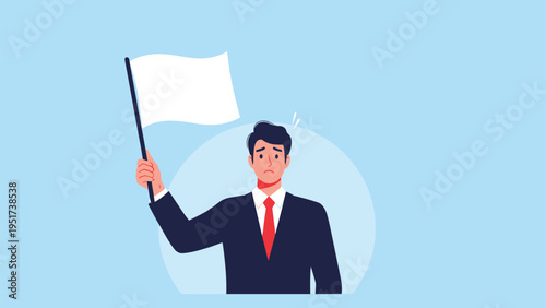 Businessman in a dark suit holding a white flag of surrender to signal defeat or giving up on a project.