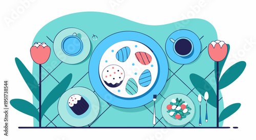 Easter breakfast with decorated eggs and festive treats on a table with flowers and coffee cups